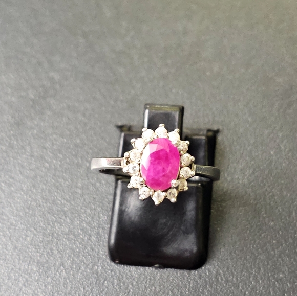 Authentic Montepuez Ruby & White Zircon Ring Platinum over 925 Sz 6! ❤️ - Picture 8 of 13